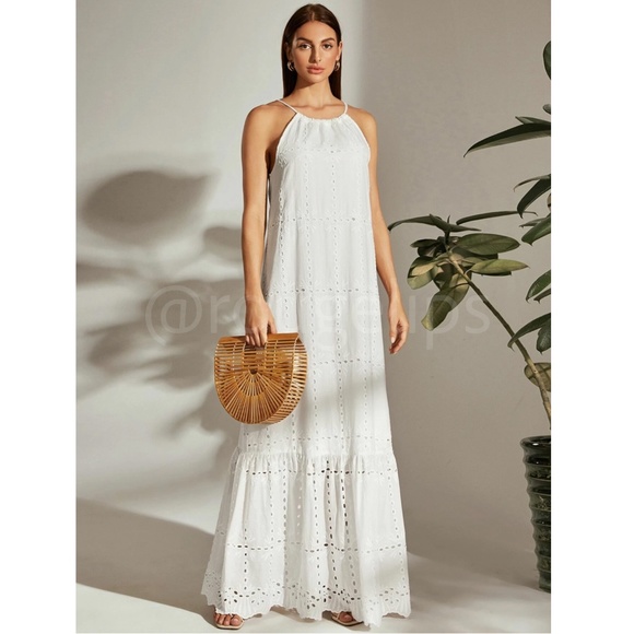 Rouge! Dresses & Skirts - Eyelet White Halter Neck Maxi Dress A-Line Flowy Long Sleeveless